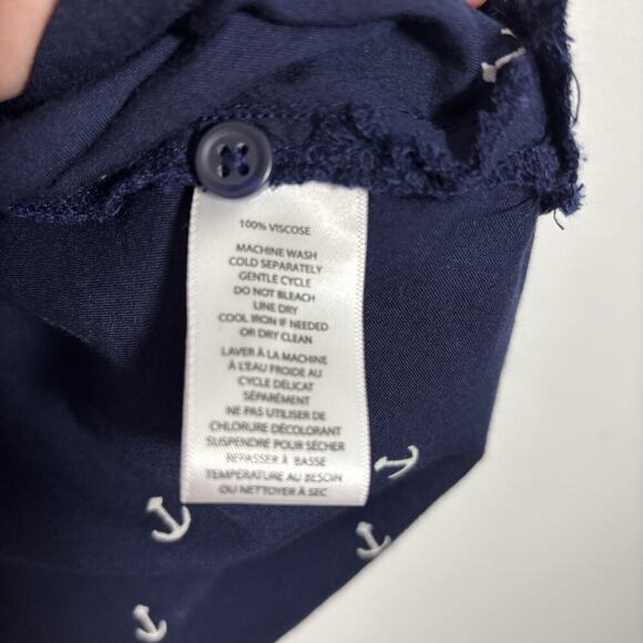 Beach Lunch Lounge Button Down Navy Anchor Printed Blouse Navy XS V Neck Viscose - Picture 3 of 6